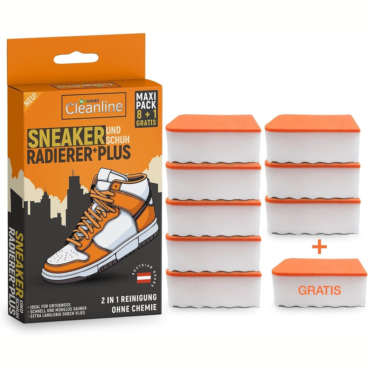 294641 - HULKIES Gomë papastërtie Cleanline Premium për këpucë, Maxipack 8+1 falas, Sfungjer pastrimi pa kimikate, Gomë 2-në-1 për atlete dhe shputa