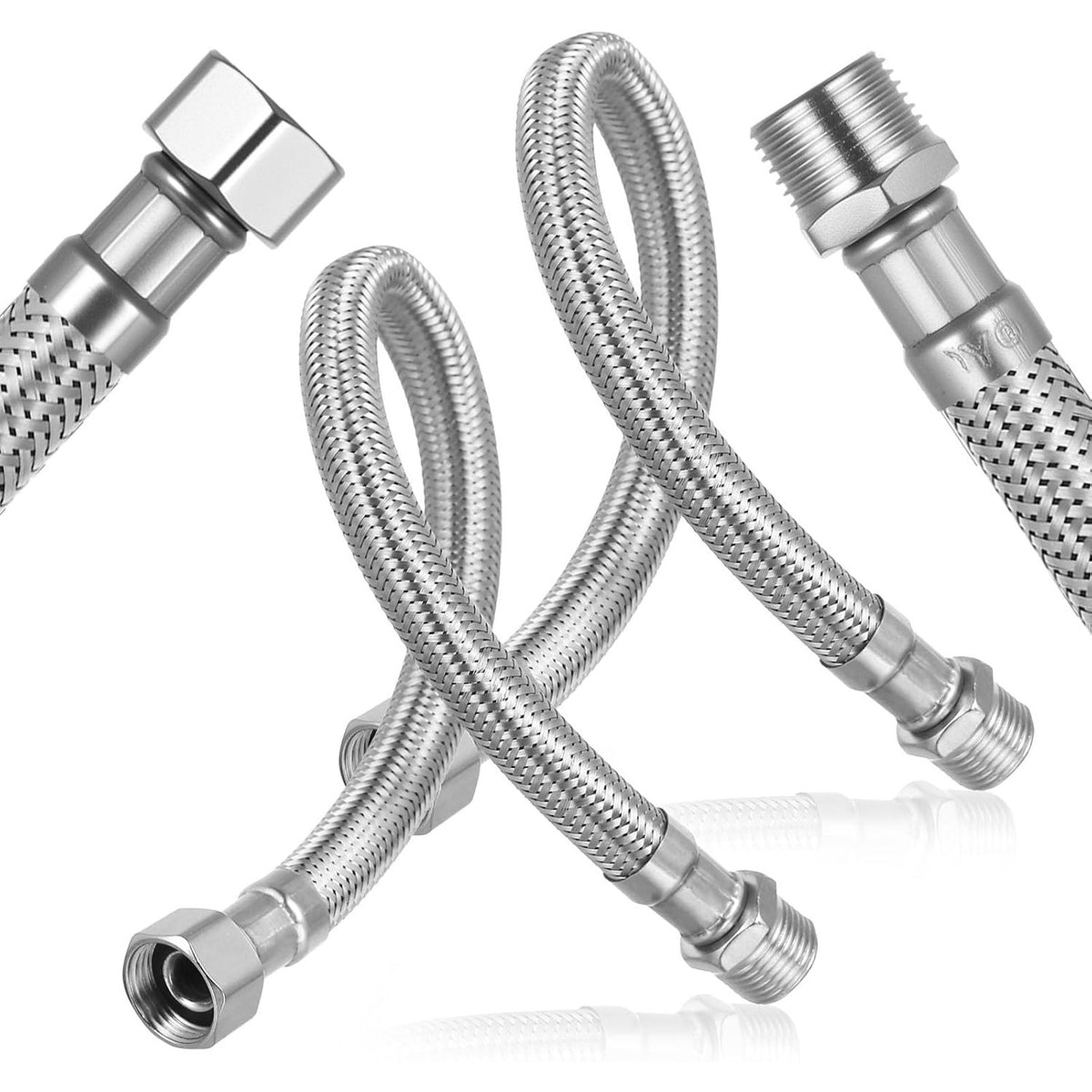335736 - 2 copë tub fleksibël 3/8 inç, tub çeliku inox 30 cm, montim rubineti, zgjatim tubi fleksibël
