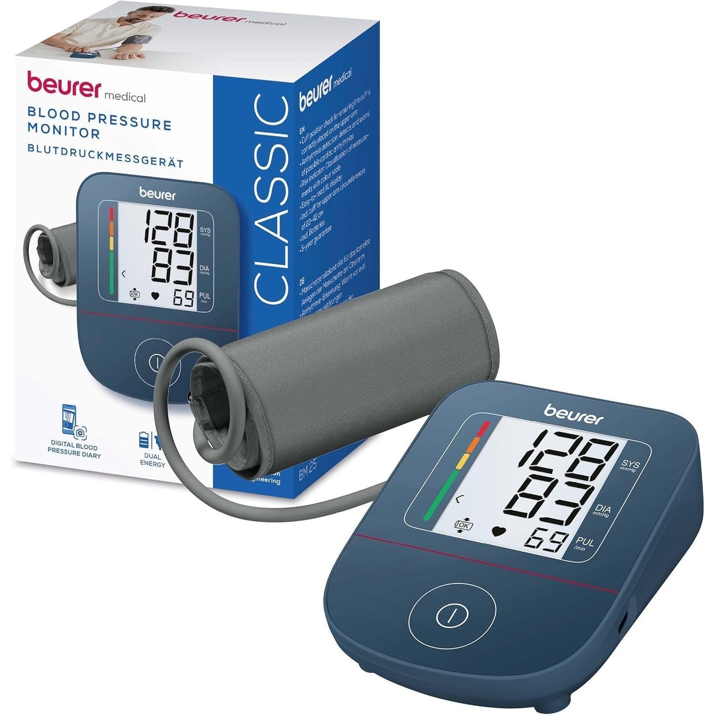 316731 - BEURER Monitor tensioni i gjakut BM 25, për krahun e sipërm, matje e saktë, zbulim i aritmisë, port USB-C, përfshin manshetë, transferim të dhënash në Apple Health, ngjyrë blu