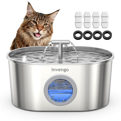 218579 - INVENGO Shatërvan Uji për Mace - Kapacitet 2.2L - Pompë Ultra e Qetë - Qarkullim Uji 360° - Dy Dalje Uji - Çelik Inox 304 - 4 Filtra Zëvendësues të Përfshirë