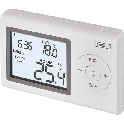 221582 - EMOS Termostat Dixhital me Ekran LCD, I Programueshëm me Kabllo, Ngrohje/Ftohje, Diapazoni i Temperaturës 5-35 °C, Montim në Sipërfaqe, Mbrojtje nga Ngrica, Bateria Përfshihet, E Bardhë