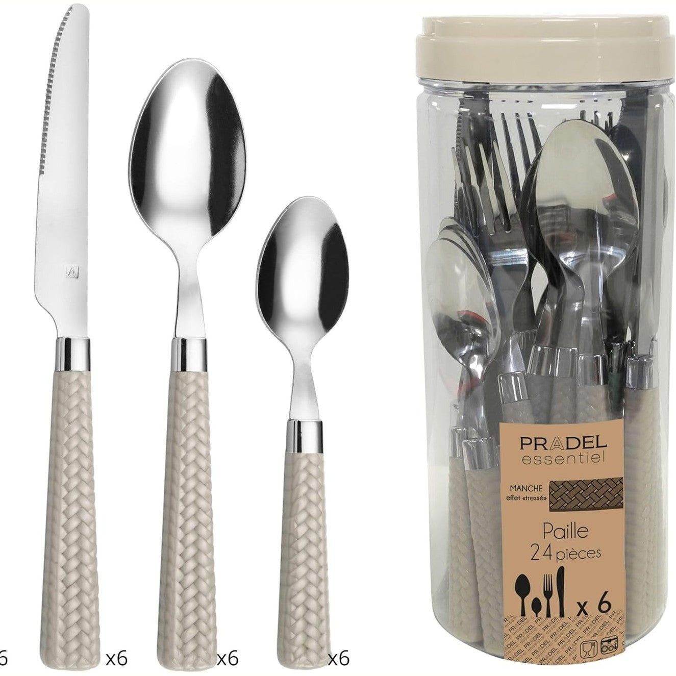 214093 - PRADEL ESSENTIEL Set takëmesh me 24 pjesë për 6 persona - Kashtë - Çelik inox 18/0, ngjyrë kafe