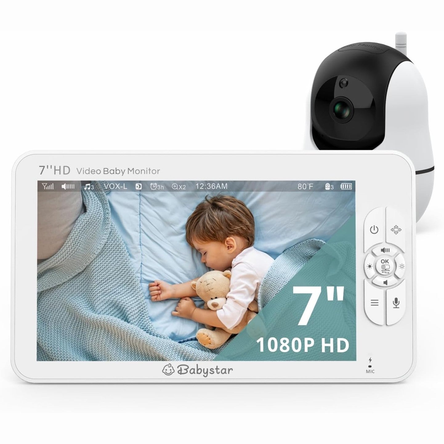 276166 - BABYSTAR - Monitor për Bebe me Kamera, Video HD 1080P 7 inç, Shikim Natën me Infra të Kuqe, Audio Dy-Kahëshe, Modalitet VOX, Shfaqje Temperature, Jetëgjatësi Baterie deri në 22 Orë