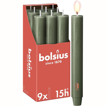 197472 - BOLSIUS - Qiri Rustik XL Konik Drozhë 23x3cm, Jeshile Ulliri, Set Prej 9, 15 Orë Kohë Djegje, Pa Aromë, me Dyllë Bimore, Pa Vaj Palmë