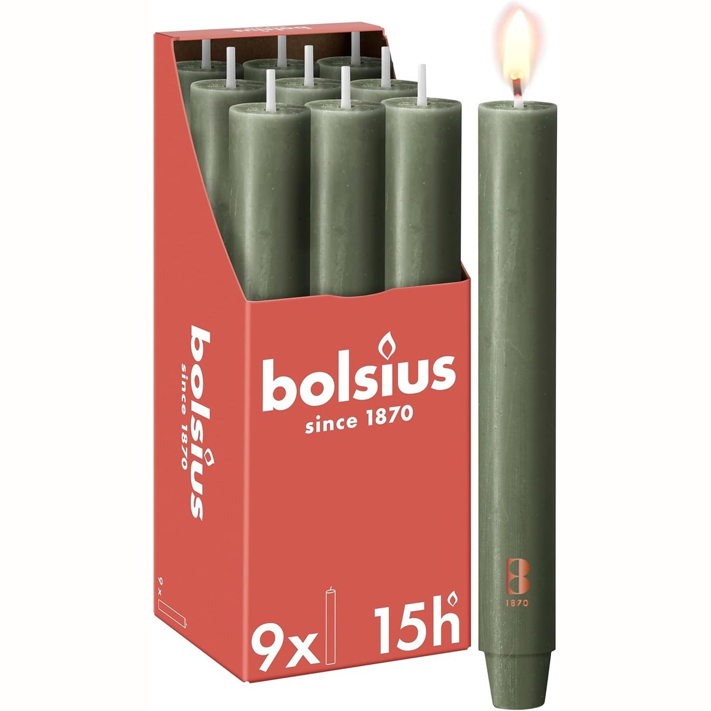 197473 - BOLSIUS - Qiri Rustik XL Konik, 23 x 3 cm, Jeshile Ulliri, Kuti me 9 Qiri, Koha e Djegies 15 Orë, Pa Aromë, dyll Natyral Bimor, Pa Vaj Palme