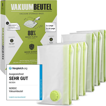 253718 - NORDIC® - Qese me vakum, Pako me 6 (3 L + 3 XL), Pa BPA, Etiketat përfshihen, Qese me vakum për rroba, çarçafë etj.