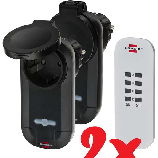 163840 - BRENNENSTUHL Set 2 Priza Radiokontrolluese RC CE1 0201, e Përdorshme Jashtë (IP44), me Transmetues Dorë dhe Mbrojtje nga Prekja, Ngjyra e Zezë