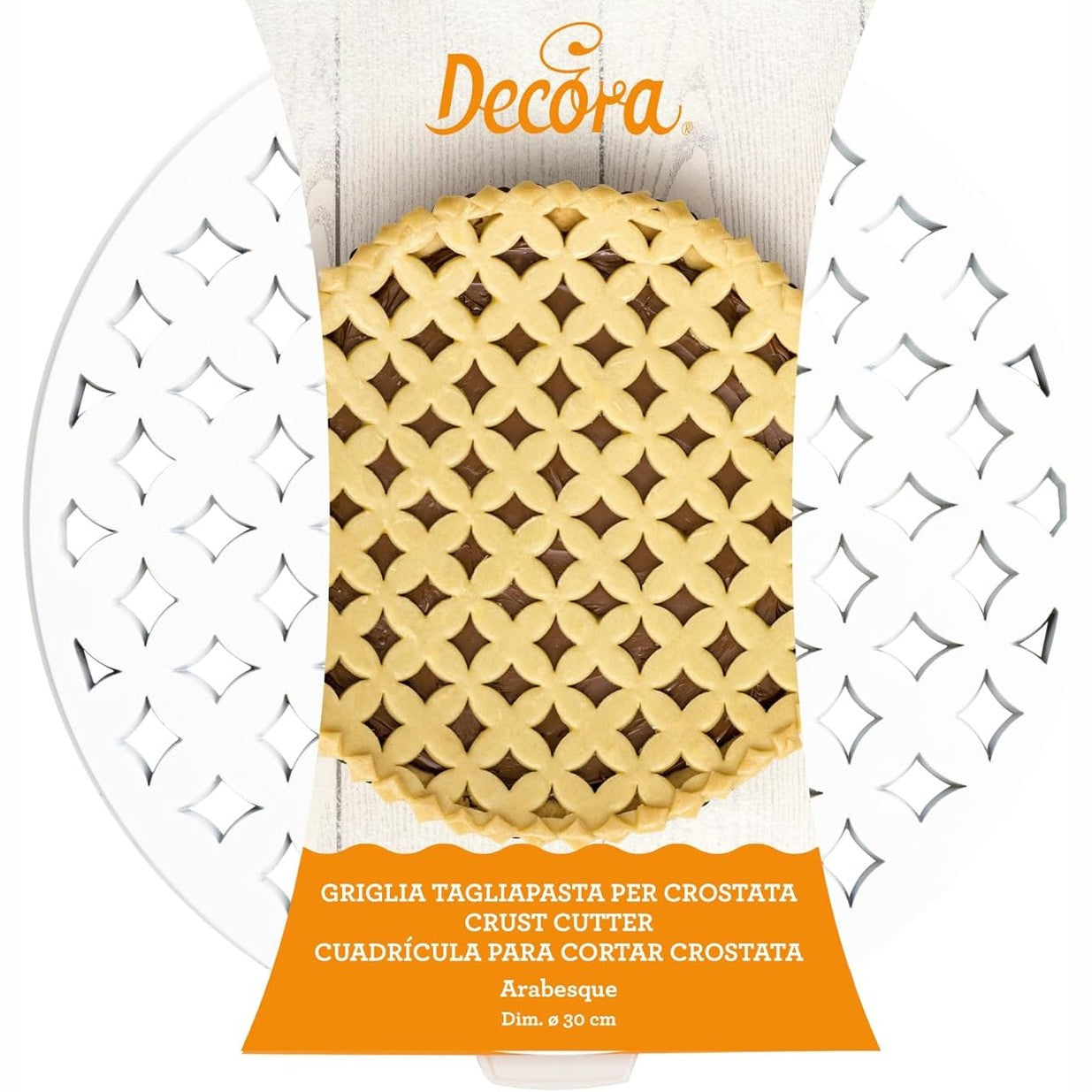 251698 - DECORA Raft për torta Arabesque Crostata prej plastike, Ø 30 cm, prodhuar në Itali, Dizajn i patentuar, i bardhë