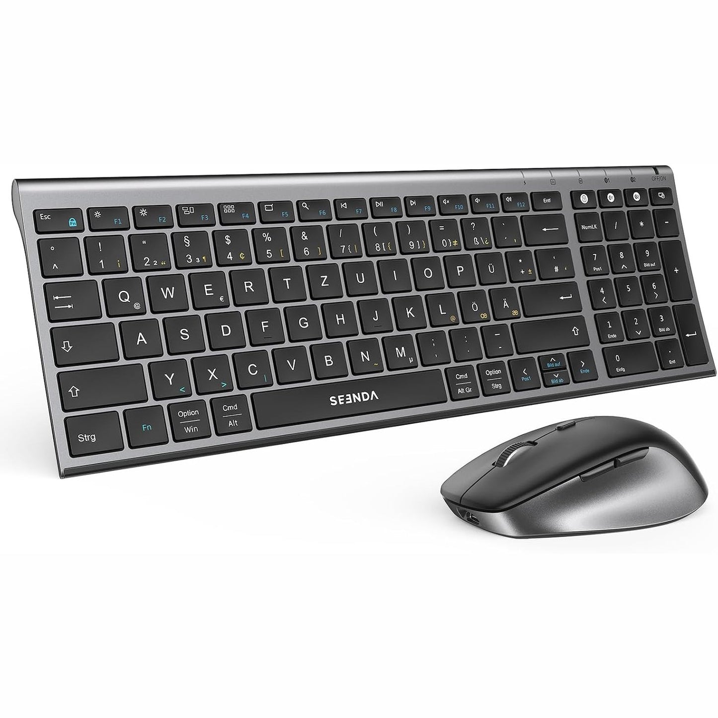 267942 - SEENDA Tastierë dhe Maus Bluetooth COE401, Set Pa Tel për Windows/Mac/iPad/Android, Tastierë metalike ultra e hollë, Maus i qetë, Lidhet me 3 pajisje, Paraqitje QWERTZ, Ngjyra: Gri