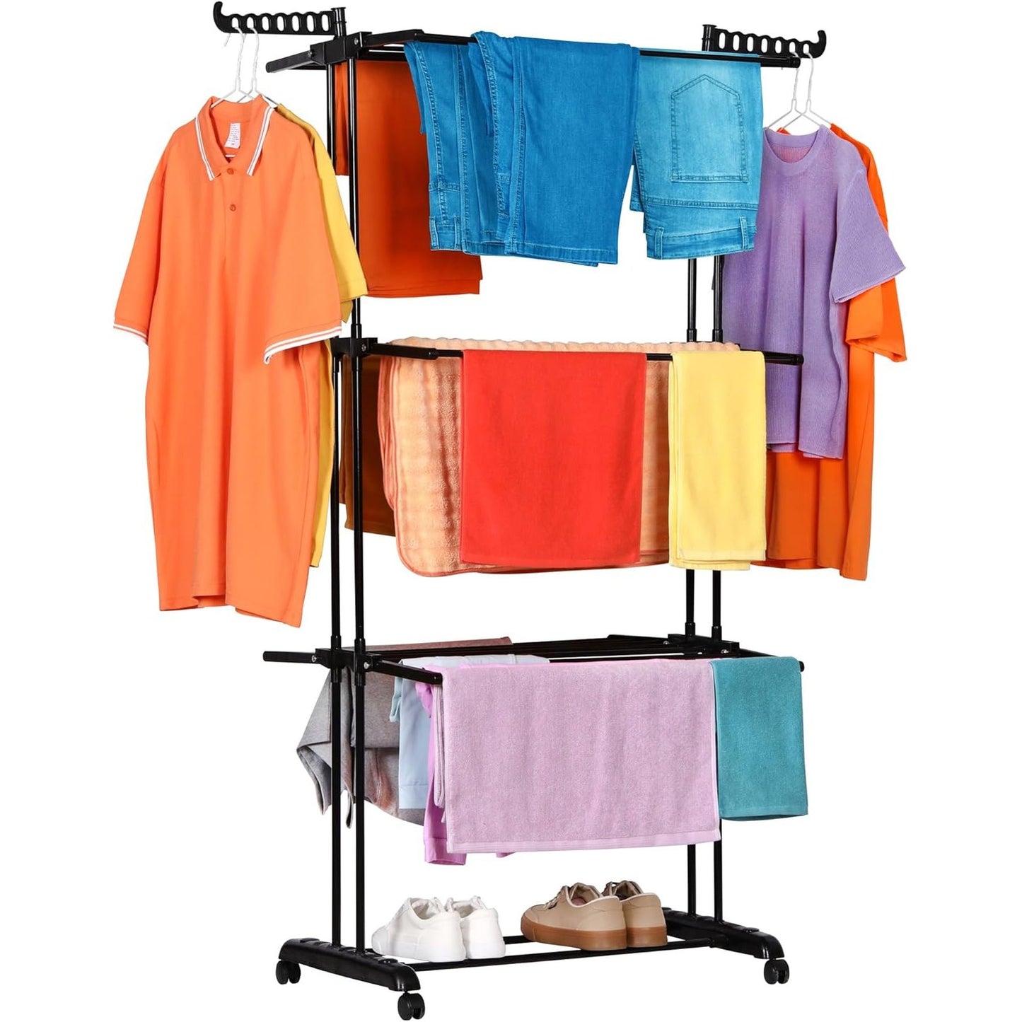 175558 - NK - Rafti Vertikal i Palosshëm për Tharje Rrobash me 4 Nivele, 6 Tabaka të Tërheqshme, 2 Krahë Anësorë me Mbështetëse Varëseje, Raft Këpucësh, Rrota 360°, Kapacitet Rrobe 19m - Ngjyre e Zezë