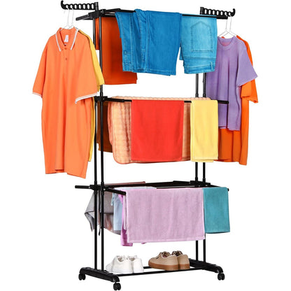 175558 - NK - Rafti Vertikal i Palosshëm për Tharje Rrobash me 4 Nivele, 6 Tabaka të Tërheqshme, 2 Krahë Anësorë me Mbështetëse Varëseje, Raft Këpucësh, Rrota 360°, Kapacitet Rrobe 19m - Ngjyre e Zezë