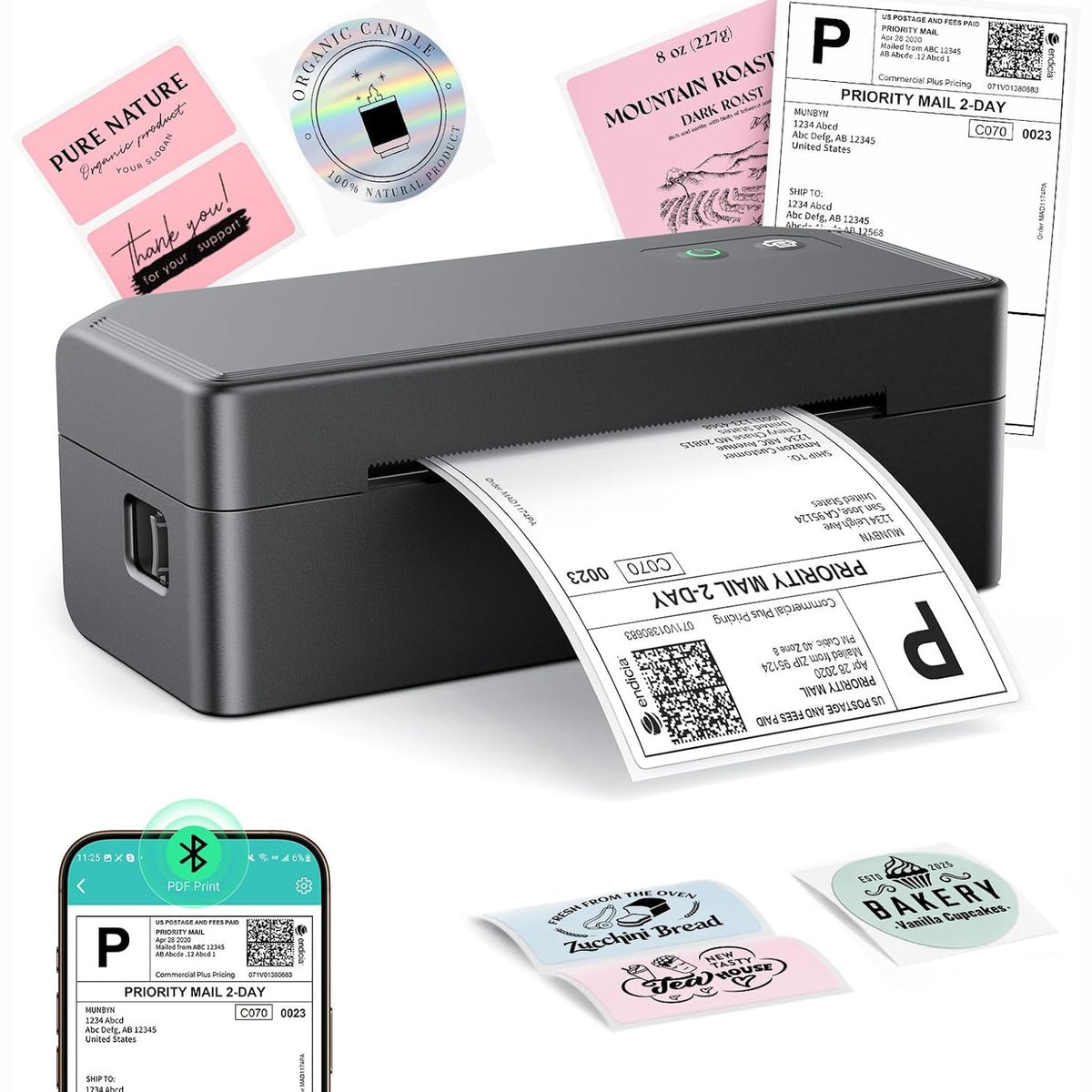 309678 - SVANTTO Printer Etiketash Bluetooth 4x6, Termik DHL për Etiketa Transporti 100 x 150 mm, i pajtueshëm me iOS Android Windows Mac, i Zi