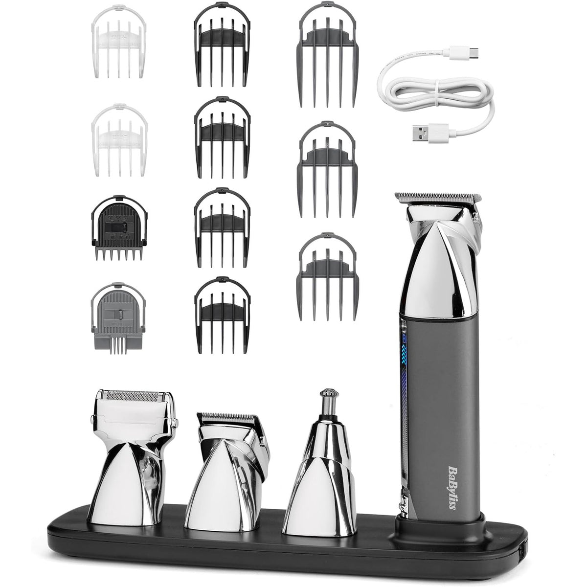 301616 - BABYLISS Makinë shumëfunksionale Super-X Metal 15-në-1, kit për kujdes pa tel, përfshin makinën për prerjen e mjekrës dhe makinën për prerjen e qimeve të hundës, rezistente ndaj ujit, argjendi/gri, MT996E