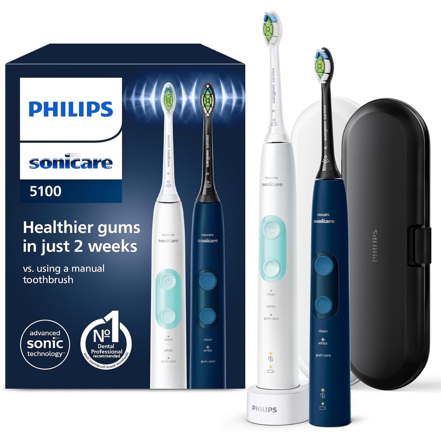 315167 - urçë dhëmbësh elektrike Sonicare ProtectiveClean 5100, HX6851/34, 3 mënyra pastrimi, sensor presioni, kohëmatës, çantë udhëtimi, e bardhë dhe blu, pako me 2 copë
