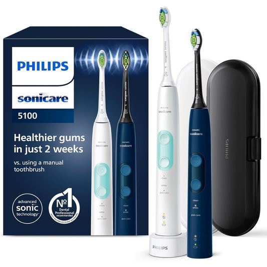 315167 - urçë dhëmbësh elektrike Sonicare ProtectiveClean 5100, HX6851/34, 3 mënyra pastrimi, sensor presioni, kohëmatës, çantë udhëtimi, e bardhë dhe blu, pako me 2 copë