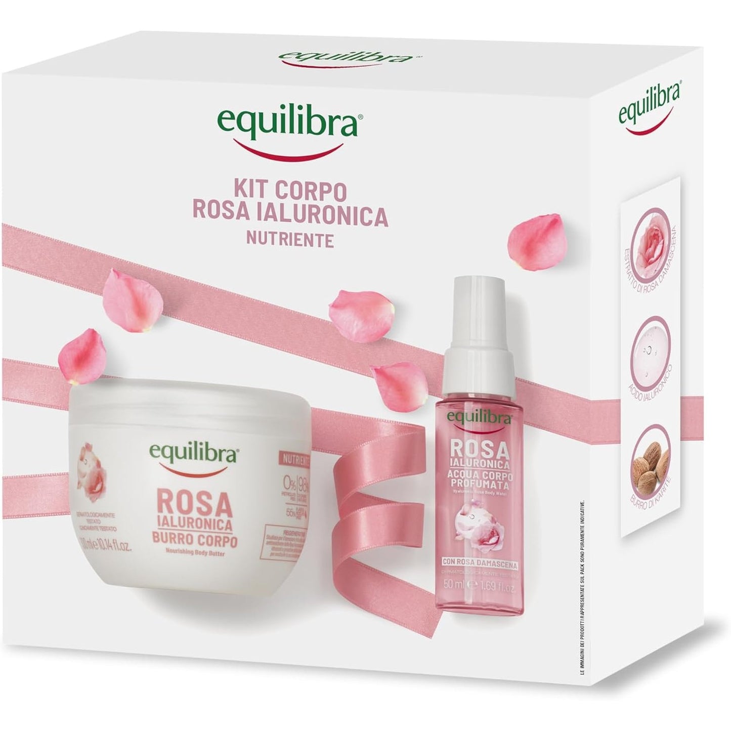 272250 - EQUILIBRA Kit për Trupin Ushqyes me Trëndafil Hialuronik, 1 Gjalpë Trupi 300 ml, 1 Ujë Ushqyes 50 ml, me Acid Hialuronik