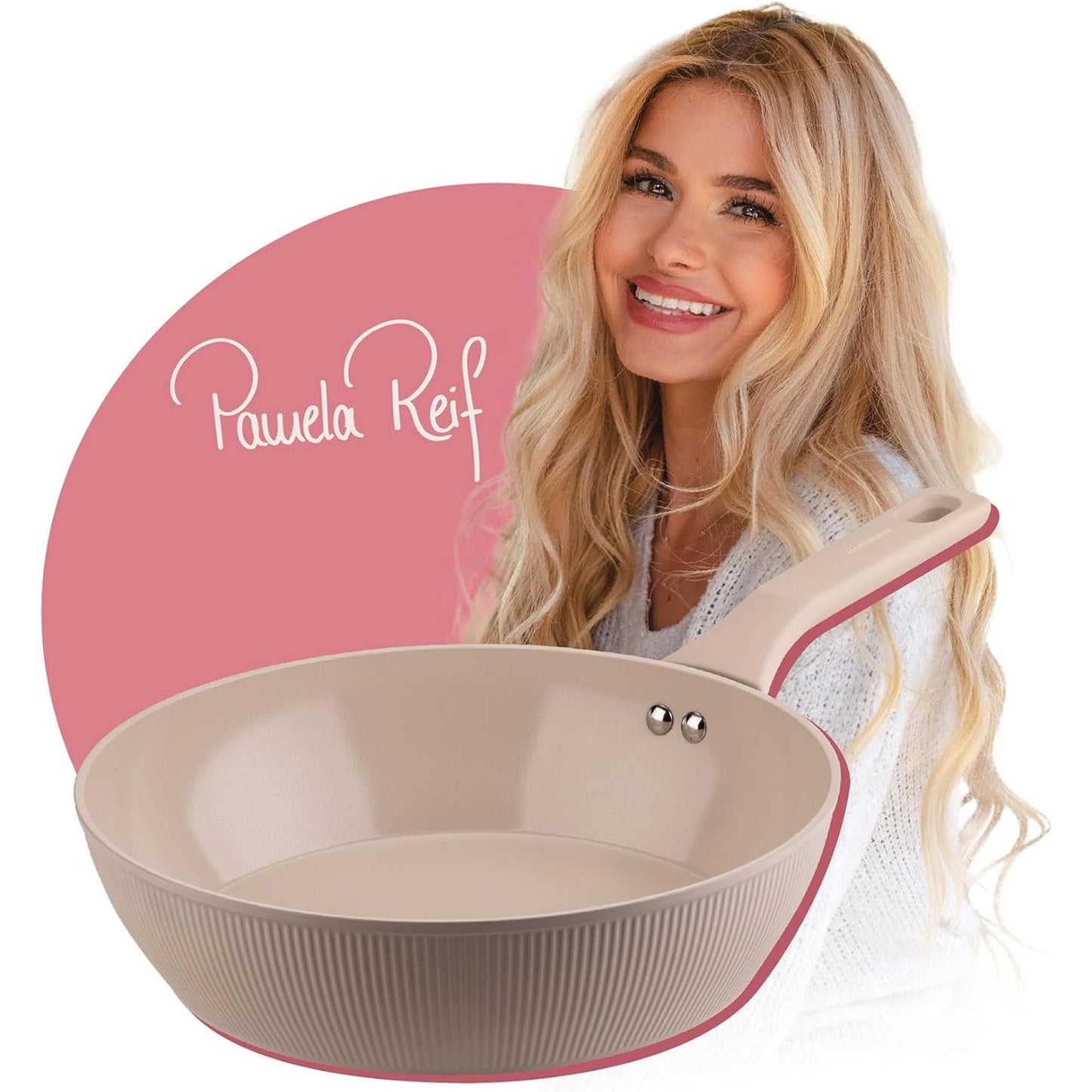 250748 - FACKELMANN Tigan me anët e larta x Pamela Reif Ø 28 cm, alumini i ricikluar, dorezë ergonomike, veshje qeramike pa PFAS, dizajn elegant bezhë pastel