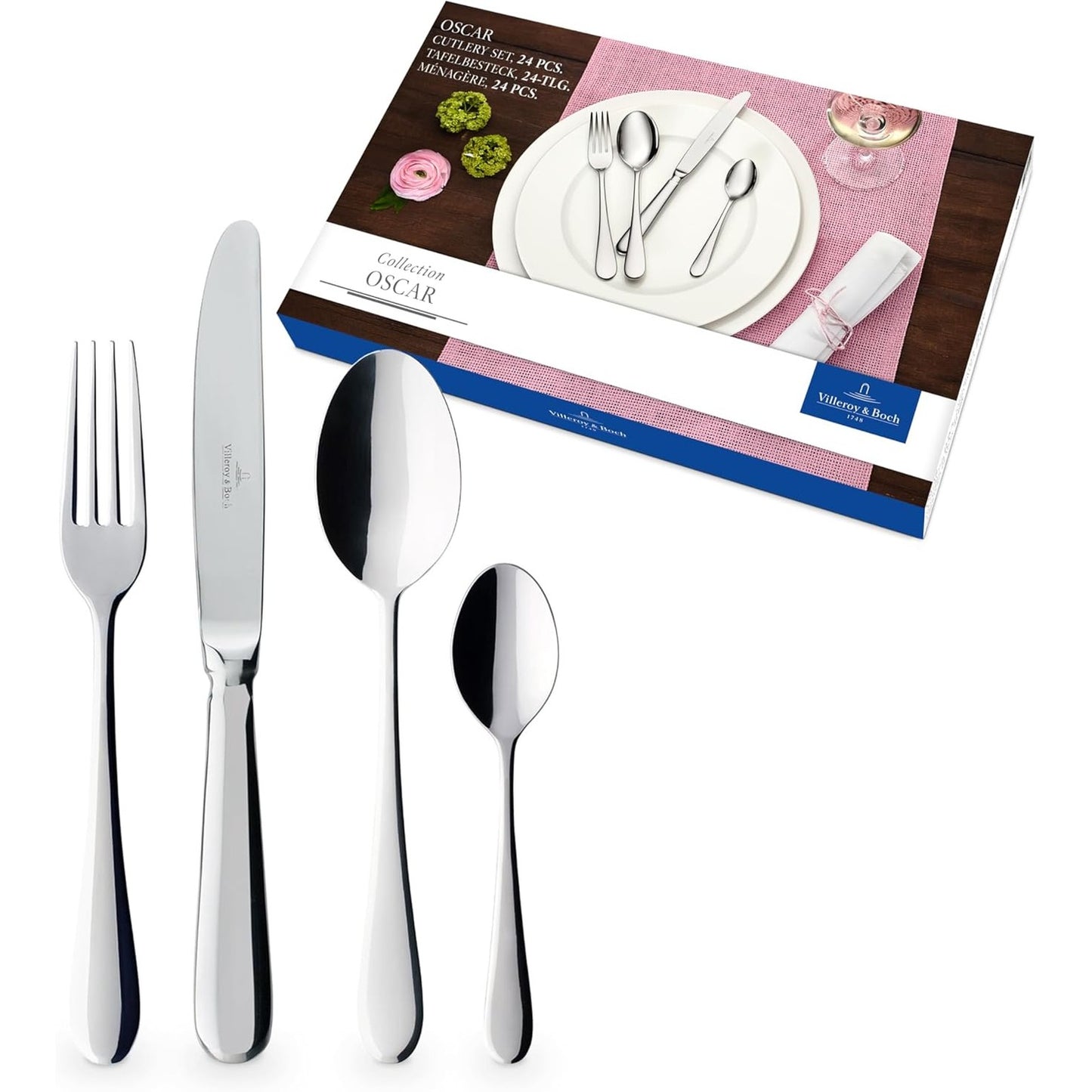 239283 - VILLEROY & BOCH Set enësh për 6 persona Oscar me 24 pjesë, i sigurt për larjen e enëve, rezistent ndaj ndryshkut, set takëmesh prej çeliku inox