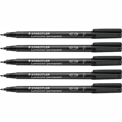 269376 - STAEDTLER Shënues i përhershëm Lumocolor, i papërshkueshëm nga uji, gjerësi vije F 0.6 mm, i rimbushshëm, 5 shënues universalë të zinj, 318-9X