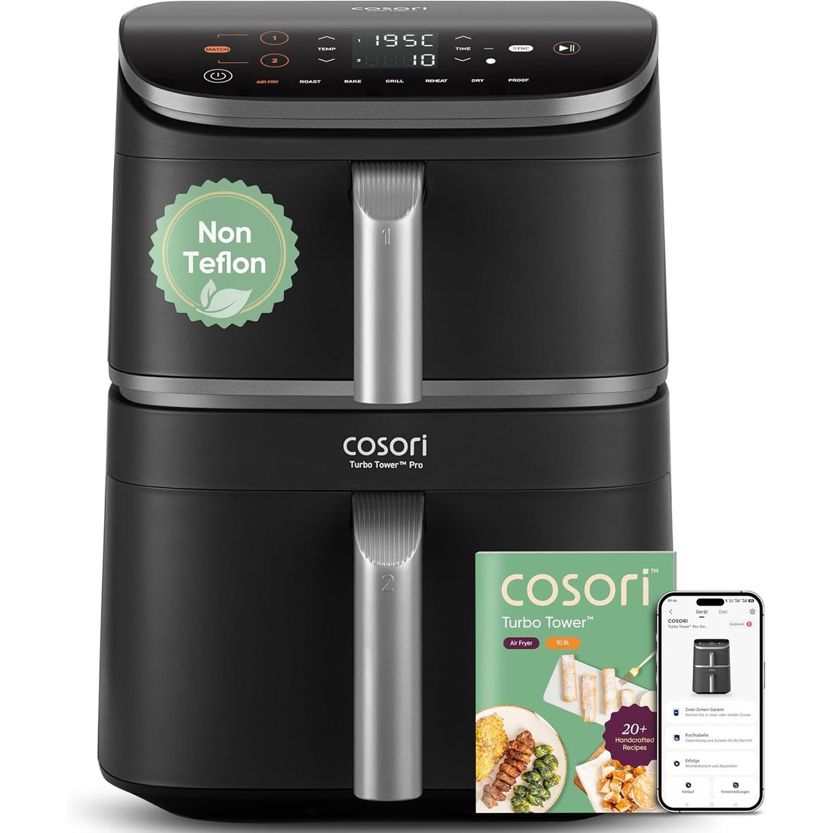 288087 - COSORI Turbo Tower Pro Smart, Fritezë ajri me dy shtresa 10.8 L, DualBlaze, gri-argjendtë