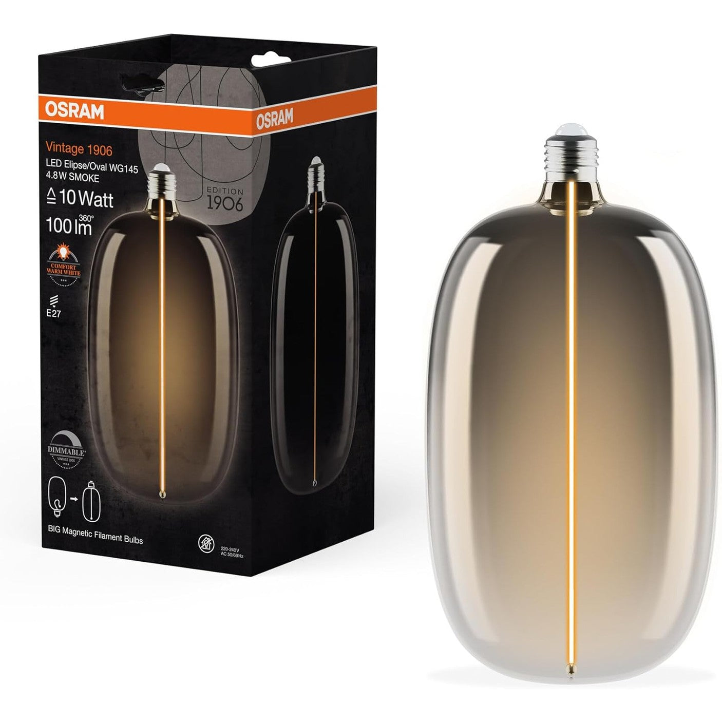 208530 - OSRAM Llamba Vintage 1906 Big Elipse, Filament Errësues, Fuqi 4.8W, 100 lm, Bazë E27, Qelq i Tymosur, Diametër 145mm, CRI 80, 1800 K