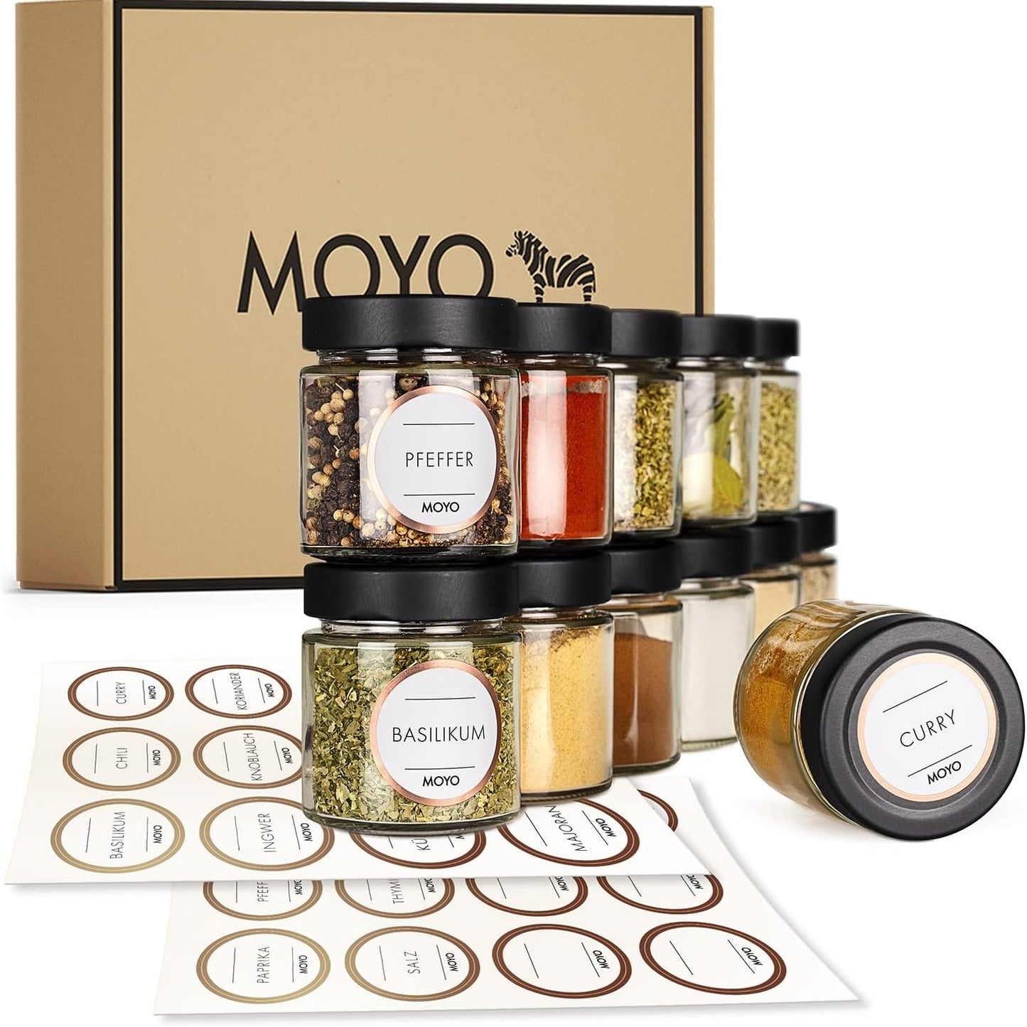 215088 - MOYO Kavanoza Erëzash me Etiketa | Set me 12 | Depozitë Erëzash 154ml | Set Kavanozash Hermetike | Kapakë në të Zezë