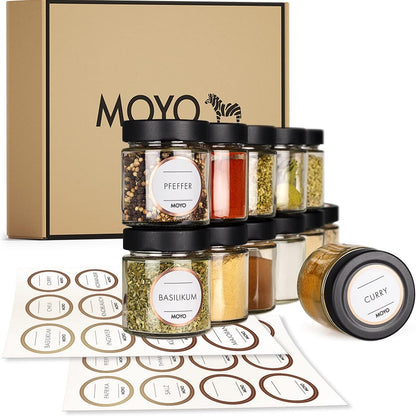 215088 - MOYO Kavanoza Erëzash me Etiketa | Set me 12 | Depozitë Erëzash 154ml | Set Kavanozash Hermetike | Kapakë në të Zezë