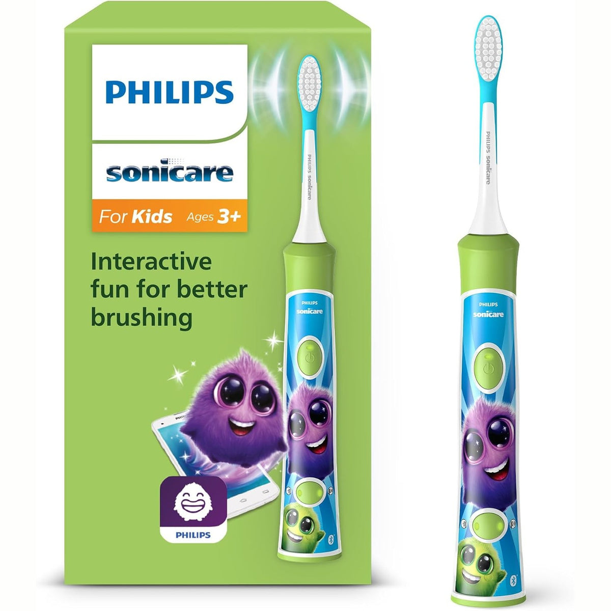 302941 - PHILIPS Sonicare For Kids, furçë dhëmbësh elektrike sonike për fëmijë 3 vjeç e lart, me SmartTimer dhe QuadPacer, jeshile, modeli HX6352/11