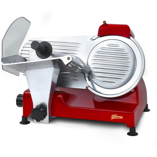162029 - H.KOENIG Prerës Elektrik Profesional MSX224 për Proshutë, Teh 22cm, Gamë Prerjeje e Rregullueshme 0-12mm, Mprehës i Integruar, Sipërfaqe e Madhe Prerjeje, 282 RPM, Ngjyra e Kuqe