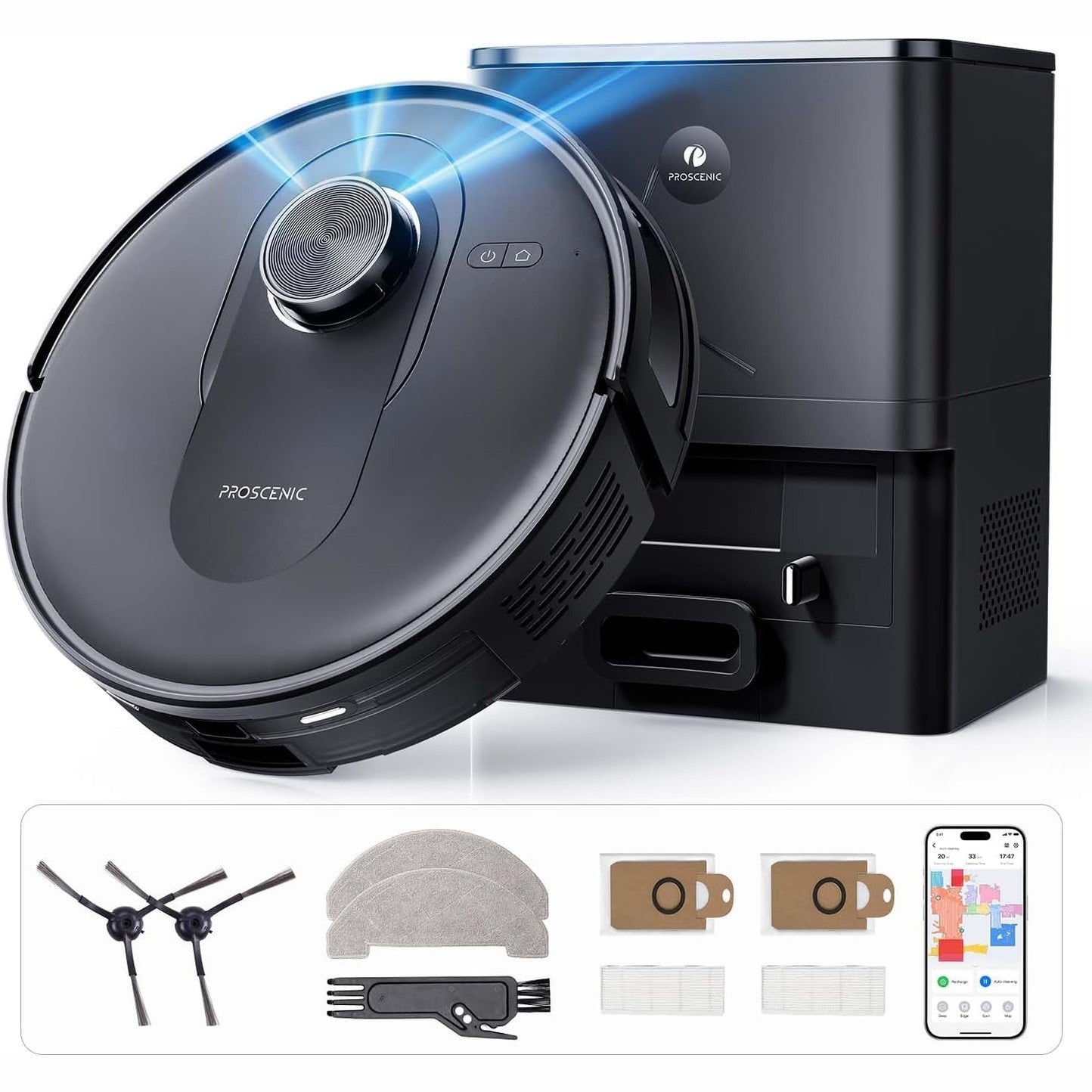 255006 - PROSCENIC Q8 Max Fshesë me korrent robotike me hartëzim, 5000 Pa/200 min, Zbrazje automatike e pluhurit, Navigim LiDAR, Kundër ngatërrimit të qimeve, APP/Alexa/Wifi