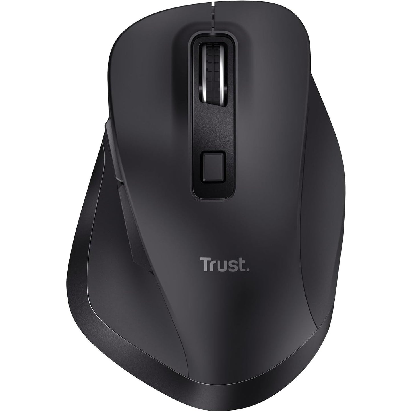266614 - Trust Maus pa tel i rikarikueshëm Fyda, Bluetooth + 2.4 GHz, mbështetëse ergonomike e gishtit të madh, 50% plastikë e ricikluar, 800-2400 DPI