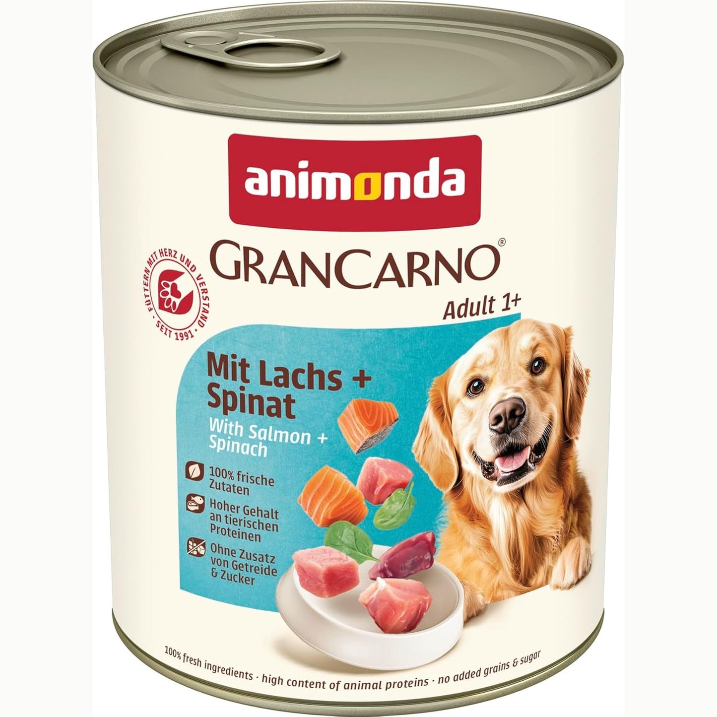 185791 - ANIMONDA GranCarno Ushqim i Lagësht për Qen me Salmon dhe Spinaq, Pa Drithëra dhe Sheqer, për Qen të Rritur, Përbërës të Freskët Mishi (6 x 800g)