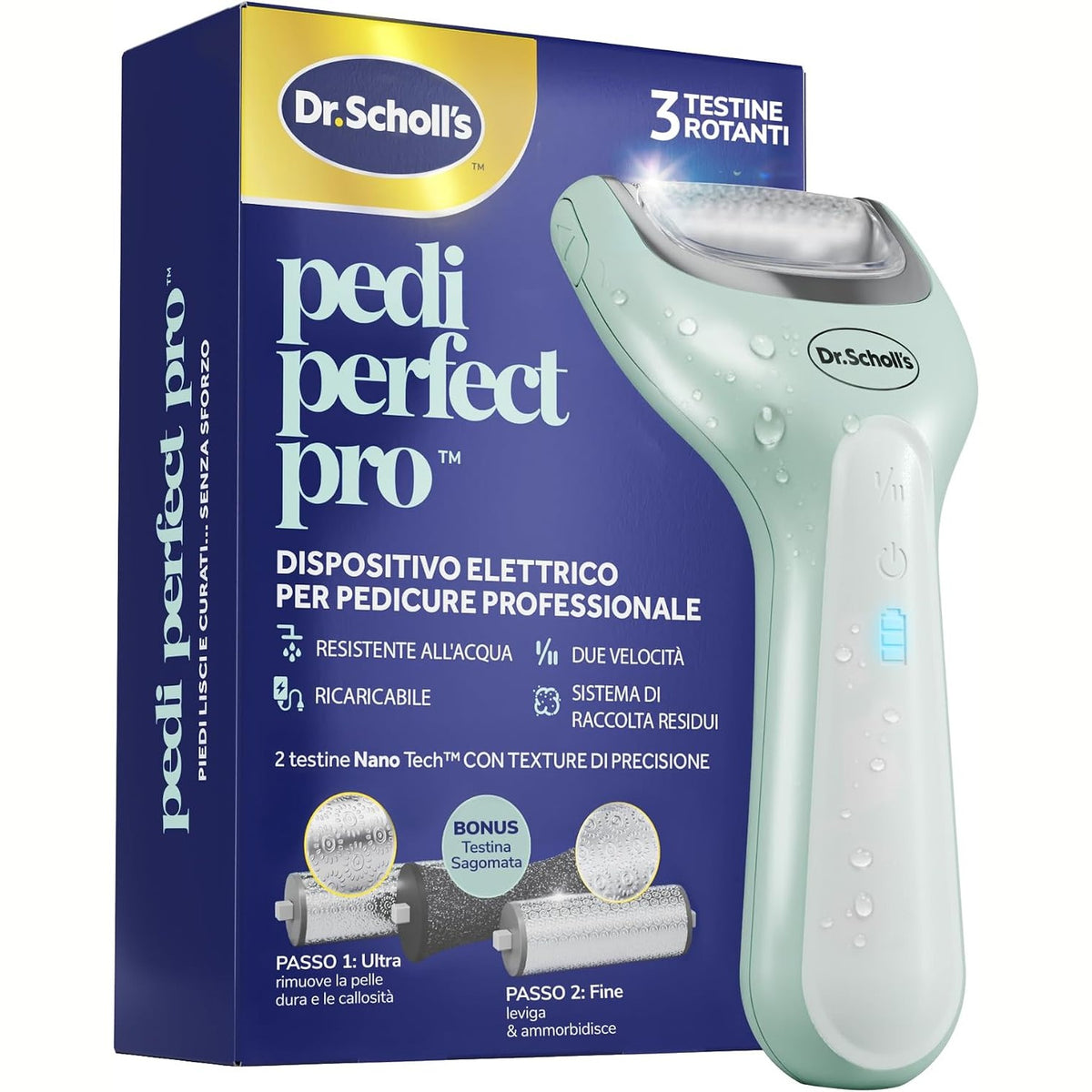 307363 - Dr. Scholl's Pedikyr elektrik profesional Pedi Perfect Pro, Heq kallo dhe misra, Limë elektrike për thembra, Stërvitëse pedikyr e rikarikueshme dhe e papërshkueshme nga uji, 3 rul, Mbledhës pluhuri