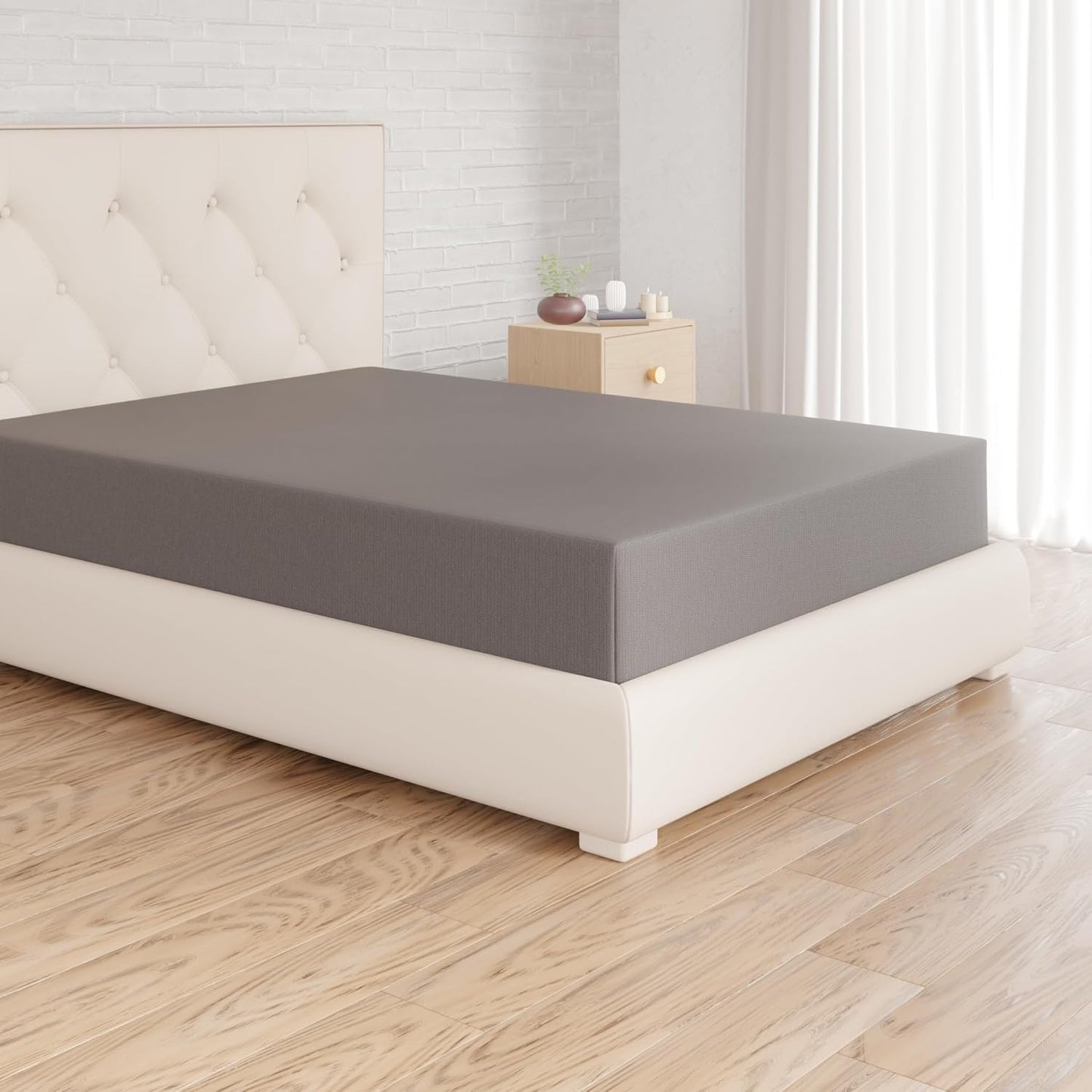 222812 - AMAZON BASICS Çarçaf i montuar, 160 x 200 cm, xhersi 100% pambuk për dyshekë deri në 30 cm të trashë, gri e errët