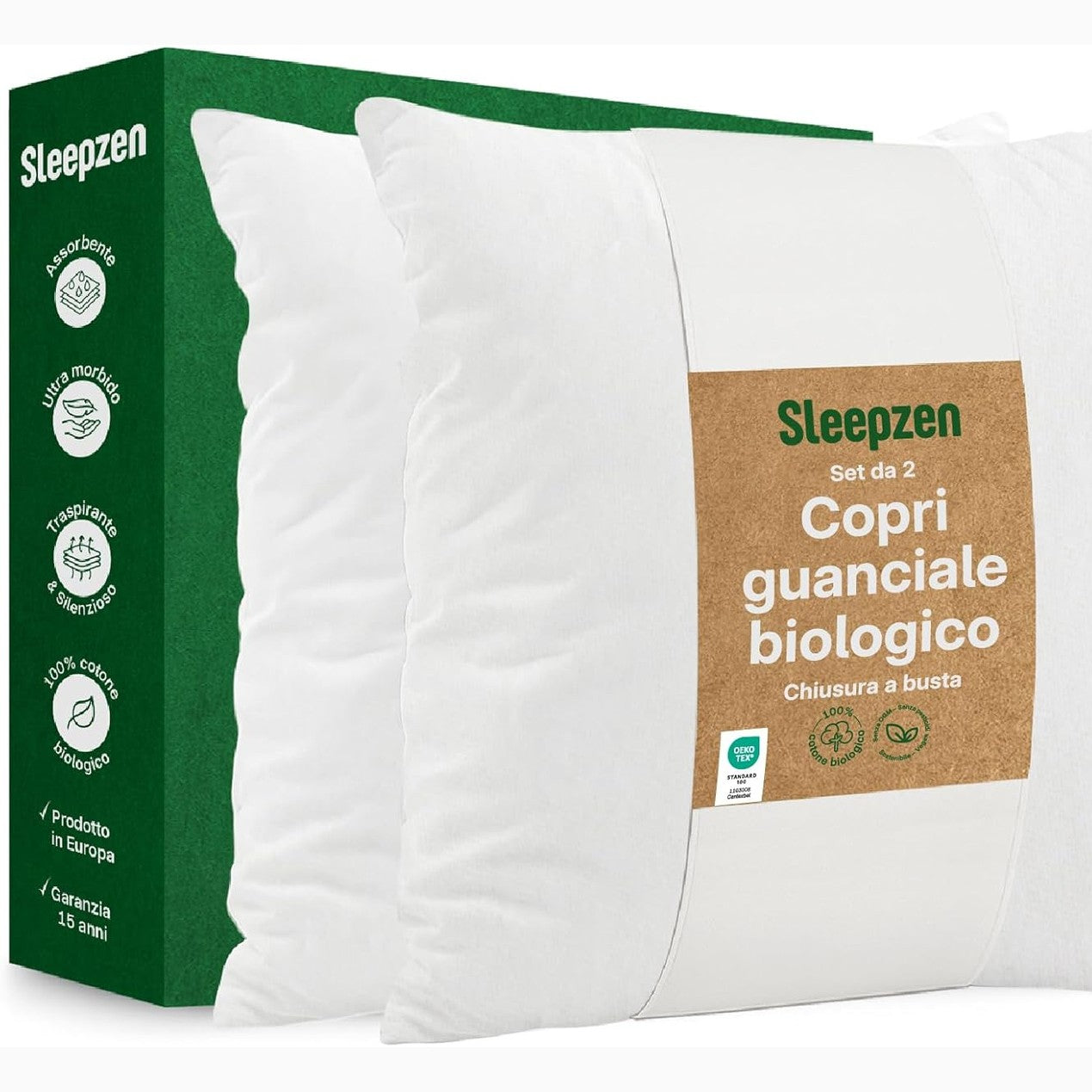 218920 - SLEEPZEN Mbrojtëse jastëku 65x65 cm, set me 2 copë – 100% pambuk organik – Hipoalergjike – Oeko-Tex – Prodhuar në Portugali