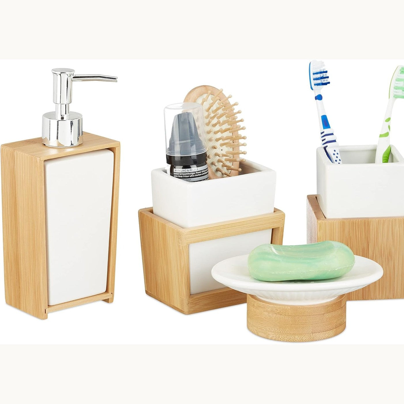 227142 - RELAXDAYS Set Aksesorë Banjo 4 copë, Dozator, Enë Sapuni, Mbajtëse Furçe Dhëmbësh, Bambu, Qeramik, Kafe dhe e Bardhë
