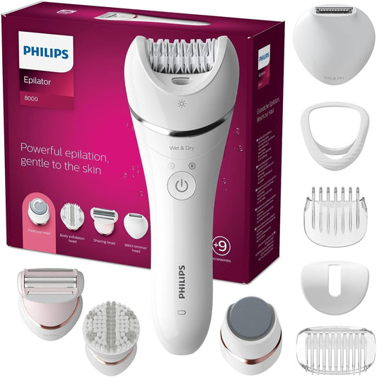 315198 - Epilator Seria 8000 BRE740/10, i lagësht dhe i thatë, pa tel, 9 aksesorë, për këmbë dhe trup