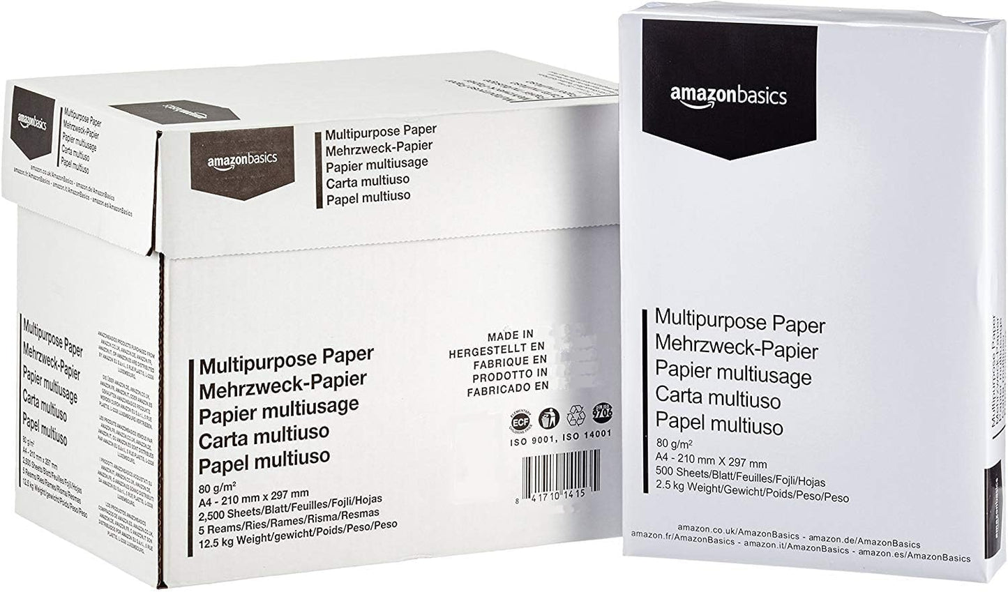 189553 - AMAZON BASICS Letër Printimi Shumëpërdorimëshe e Bardhë, A4, 80gsm, 2500 Copë në 5 Pako me 500 Copë secila