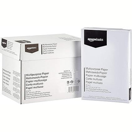 189492 - AMAZON BASICS Letër Printimi A4 Shumëpërdorimëshe, 80gsm, 500 Copë/Pako, Totali 2500 Copë, Ngjyra e Bardhë