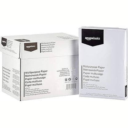 189492 - AMAZON BASICS Letër Printimi A4 Shumëpërdorimëshe, 80gsm, 500 Copë/Pako, Totali 2500 Copë, Ngjyra e Bardhë