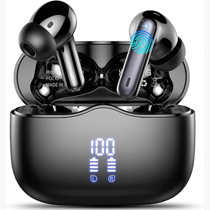 299663 - Kufje Bluetooth 2025, Pa Tel, Bluetooth 5.4, 4 Mikrofonë ENC, Jetëgjatësi Baterie 40 Orë, Ekran LED, IP7 Rezistente ndaj Ujit, Kufje Sportive të Zeza