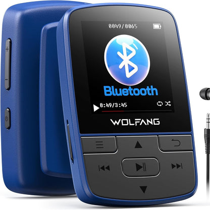 232994 - MP3 Player WOLFANG me Bluetooth 5.2, Kapëse Sportive, Madhësi Mini, I lehtë 28g, Zë HiFi pa Humbje, Radio FM, Regjistrues Zëri, Kufje me Tel të Përfshira (Blu)