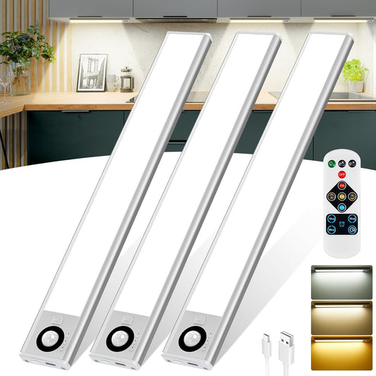 209486 - QNUJN Dritë Kuzhine Nën Dollap, LED 72 Drita, Sensor Lëvizjeje, Tipi-C 2200mAh të Rikarikueshme, 3 Temperatura Ngjyrash të Rregullueshme, 30cm, me Telekomandë, Pako e 3