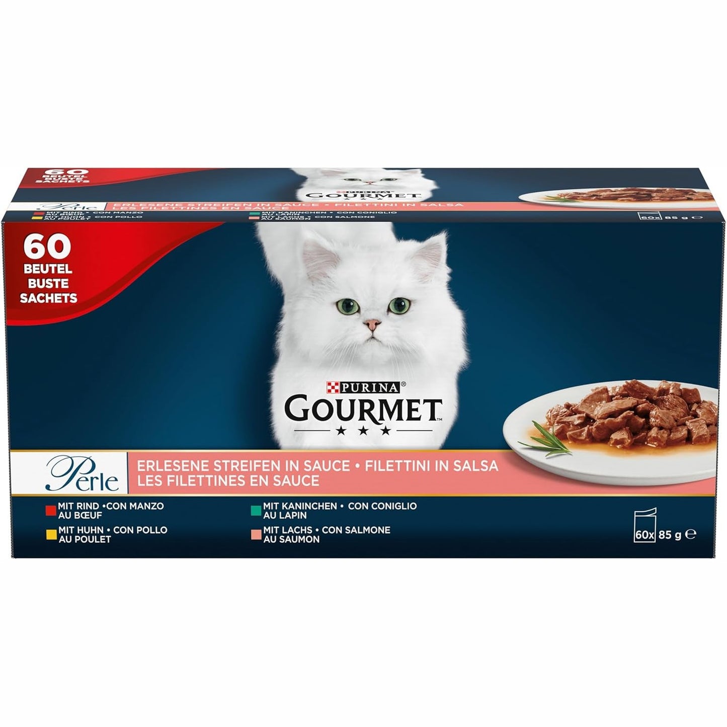 250482 - PURINA GOURMET PERLE DELIGHTS në Salcë, Ushqim i Lagësht për Mace me Pulë dhe Mish Viçi, 60 bustina me nga 85g