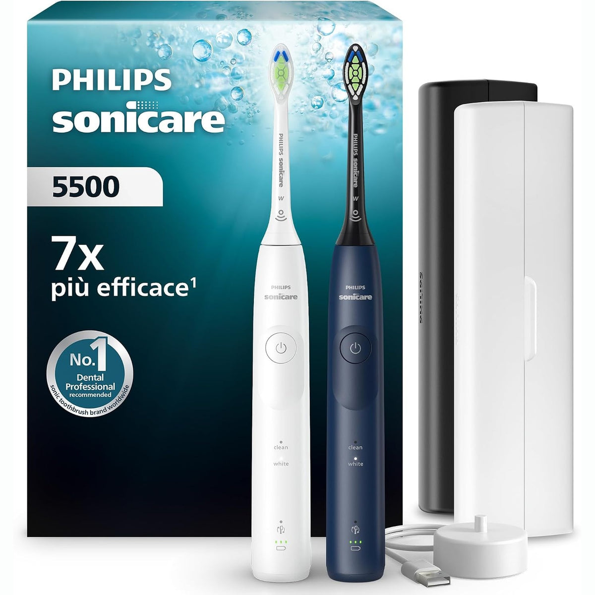 296541 - PHILIPS Furçë dhëmbësh elektrike Sonicare 5500, 2 mënyra pastrimi, kontroll presioni, EasyStart, SmartTimer, BrushPacer, e bardhë dhe blu e errët, pako me 2, modeli HX7119/01