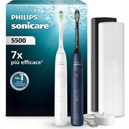 296541 - PHILIPS Furçë dhëmbësh elektrike Sonicare 5500, 2 mënyra pastrimi, kontroll presioni, EasyStart, SmartTimer, BrushPacer, e bardhë dhe blu e errët, pako me 2, modeli HX7119/01