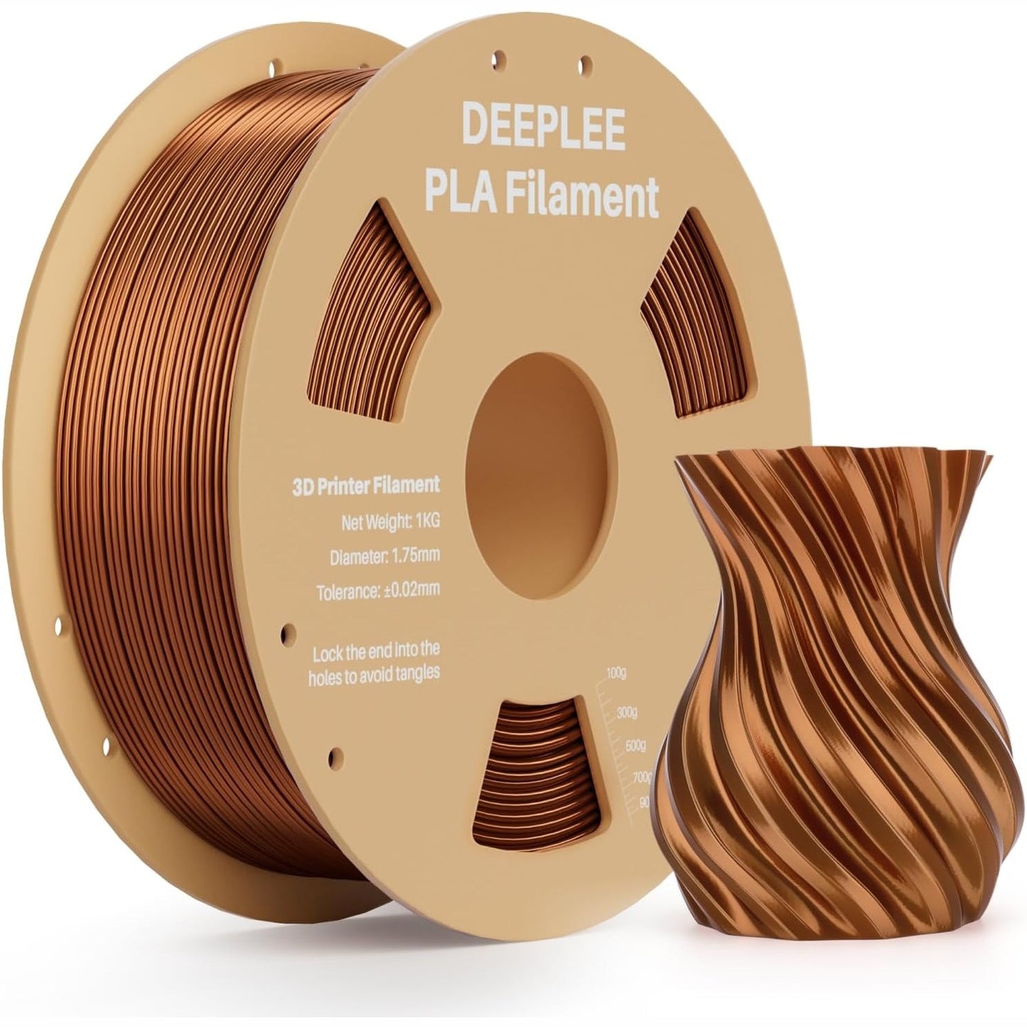 269115 - DEEPLEE Silk PLA 1.75 mm, bobinë 1 kg, bakër, me sipërfaqe mëndafshi me shkëlqim, saktësi e lartë ±0.02 mm, mbështjellje perfekte, pa bllokime, e përputhshme me printerët FDM
