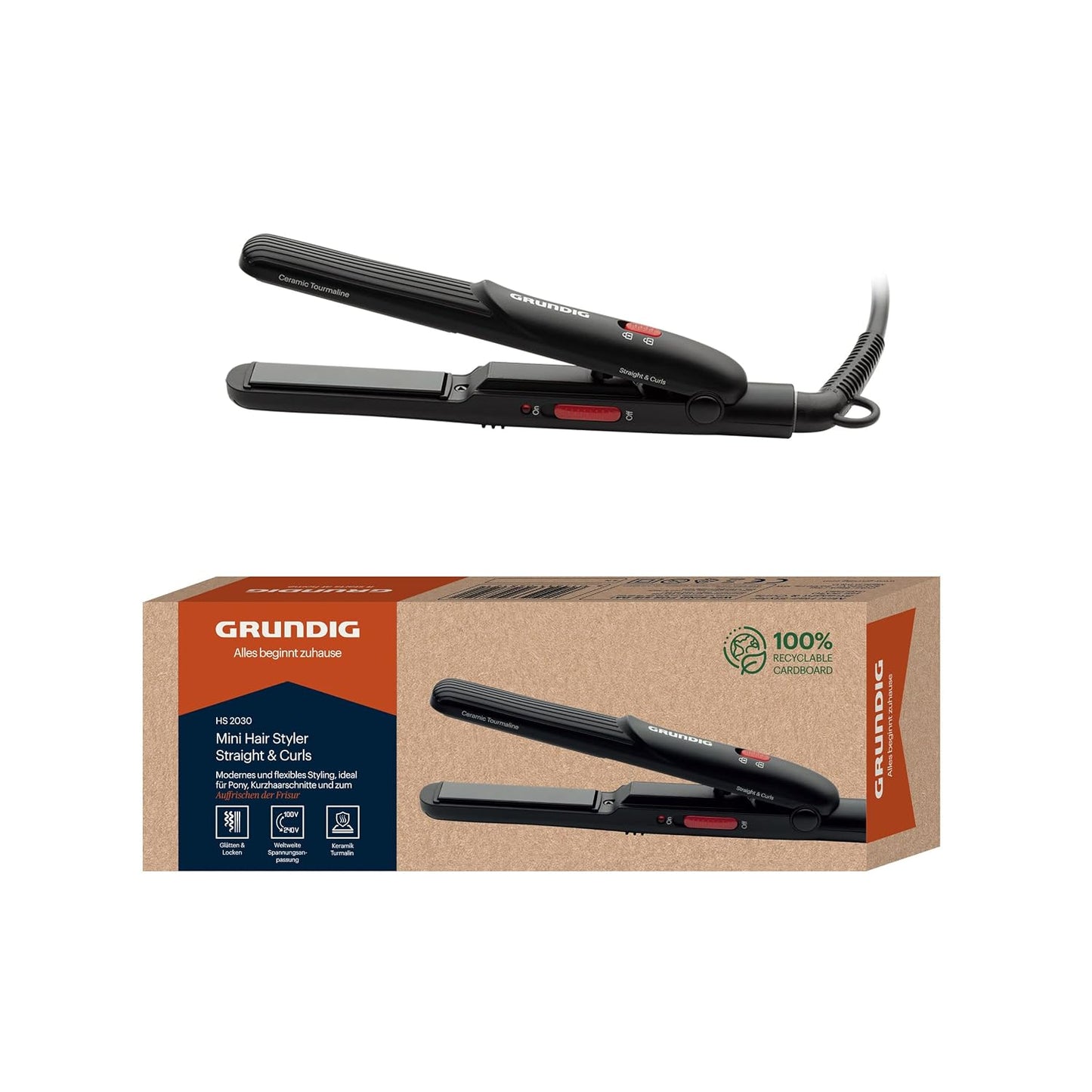289940 - GRUNDIG - Pjastër flokësh HS 2030 Mini, Veshje Turmalinë-Qeramike, Konstante 200°C, ideale për udhëtime, përfshirë qese rezistente ndaj nxehtësisë, e zezë