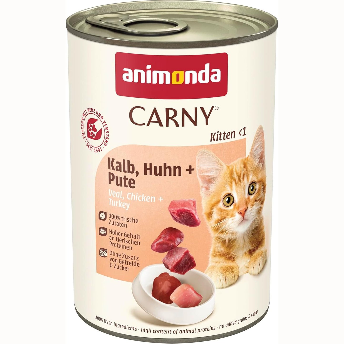 214599 - ANIMONDA Ushqim i lagësht për mace për kotele me mish pule + gjeldeti (12 x 400g), ushqim i lagësht për mace pa drithëra dhe pa sheqer për kotele në rritje deri në 1 vjeç