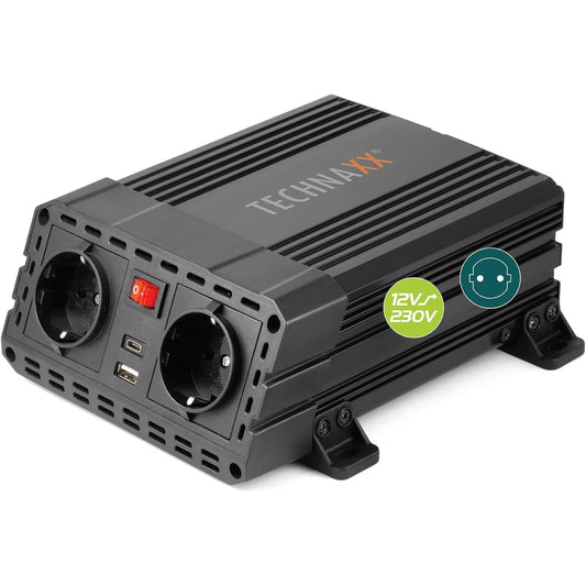 319615 - TECHNAXX Invertor 12V në 230V, 600W Fuqi e Vazhdueshme 1200W Piku, 2x Schuko & 2x USB 3.1A, TE19